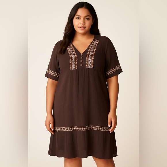 Knox Rose Dresses & Skirts - Knox Rose Women's Dark Brown Boho Peasant Embroidered Midi Dress EUC XL #1717